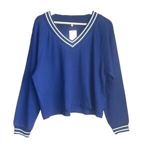 Z Supply Evereve Off The Court Sweatshirt M Bellwether Blue V-Neck Striped NWT